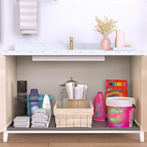 PoYang 31"x22" for Under Sink Mat: Silicone Under Sink Mats for Kitchen Waterproof, Kitchen Bathroom Sink Cabinet Protector Mat for Under Sink Liner, Under Sink Tray Prevent Drips Leaks, Grey