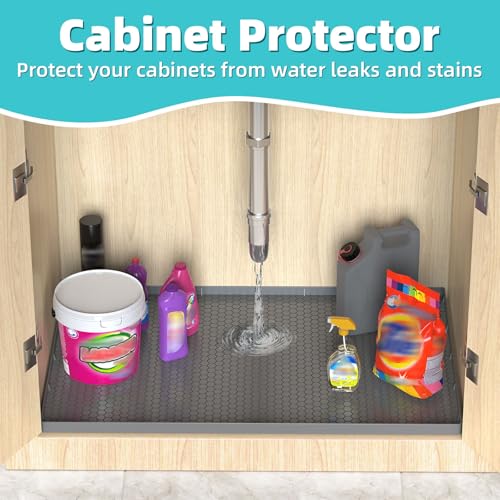 PoYang 31"x22" for Under Sink Mat: Silicone Under Sink Mats for Kitchen Waterproof, Kitchen Bathroom Sink Cabinet Protector Mat for Under Sink Liner, Under Sink Tray Prevent Drips Leaks, Grey