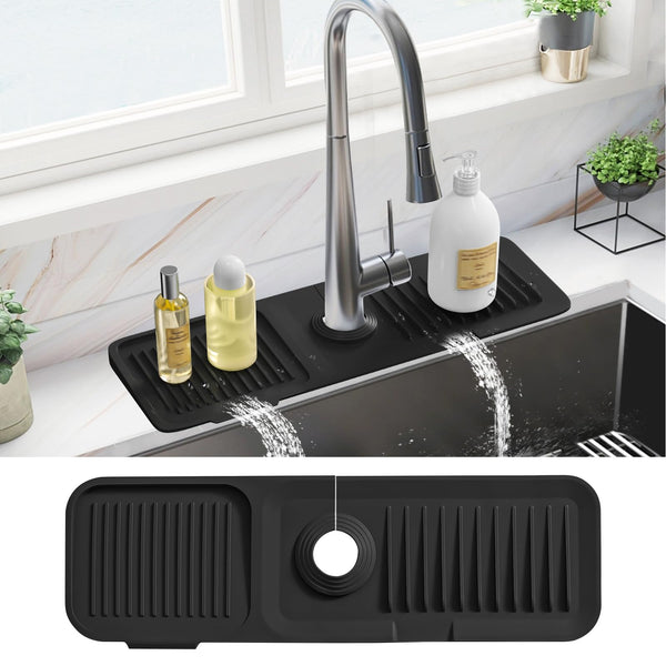 PoYang 17.7 inch Silicone Draining Mat for Kitchen Sink Splash Guard Behind Faucet, Splash Guard for Kitchen Sink Area Short Faucet Draining Mat, Sink Protector for Kitchen Sink Splatter Screen, Black