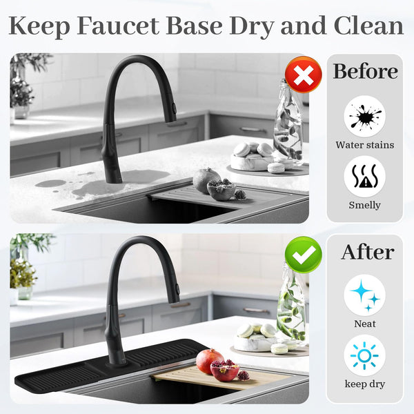 PoYang 24 inch Silicone Draining Mat for Kitchen Sink Splash Guard Behind Faucet, Splash Guard for Kitchen Sink Area Longer Faucet Draining Mat, Sink Protectors for Kitchen Sink Splatter Screen, Black