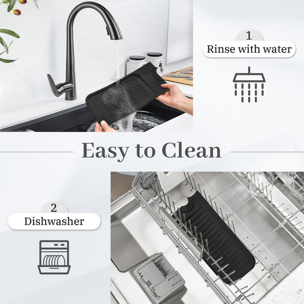 PoYang 24 inch Silicone Draining Mat for Kitchen Sink Splash Guard Behind Faucet, Splash Guard for Kitchen Sink Area Longer Faucet Draining Mat, Sink Protectors for Kitchen Sink Splatter Screen, Black