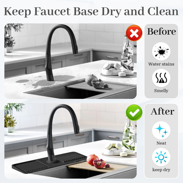 PoYang 17.7 inch Silicone Draining Mat for Kitchen Sink Splash Guard Behind Faucet, Splash Guard for Kitchen Sink Area Short Faucet Draining Mat, Sink Protector for Kitchen Sink Splatter Screen, Black