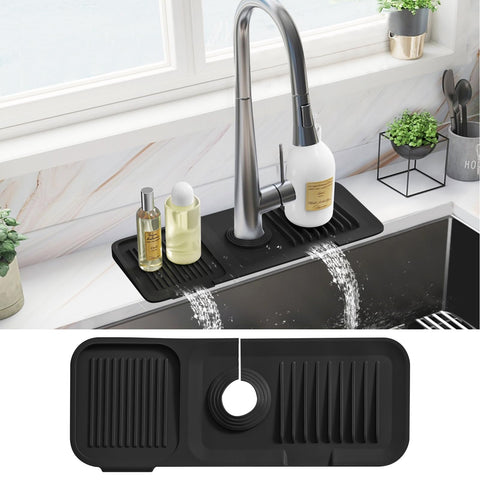 PoYang 14.6 inch Silicone Draining Mat for Kitchen Sink Splash Guard Behind Faucet, Splash Guard for Kitchen Sink Area Short Faucet Draining Mat, Sink Protector for Kitchen Sink Splatter Screen, Black