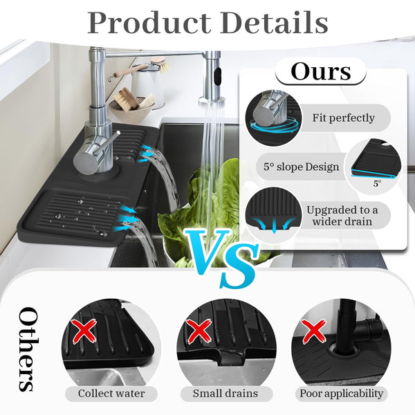 PoYang 14.6 inch Silicone Draining Mat for Kitchen Sink Splash Guard Behind Faucet, Splash Guard for Kitchen Sink Area Short Faucet Draining Mat, Sink Protector for Kitchen Sink Splatter Screen, Black