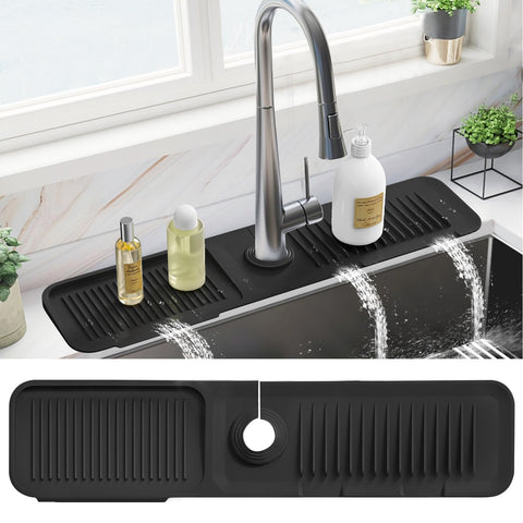 PoYang 24 inch Silicone Draining Mat for Kitchen Sink Splash Guard Behind Faucet, Splash Guard for Kitchen Sink Area Longer Faucet Draining Mat, Sink Protectors for Kitchen Sink Splatter Screen, Black