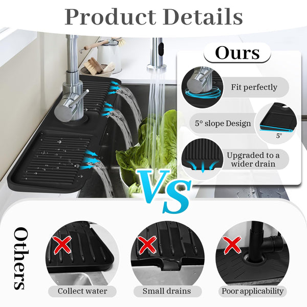 PoYang 24 inch Silicone Draining Mat for Kitchen Sink Splash Guard Behind Faucet, Splash Guard for Kitchen Sink Area Longer Faucet Draining Mat, Sink Protectors for Kitchen Sink Splatter Screen, Black