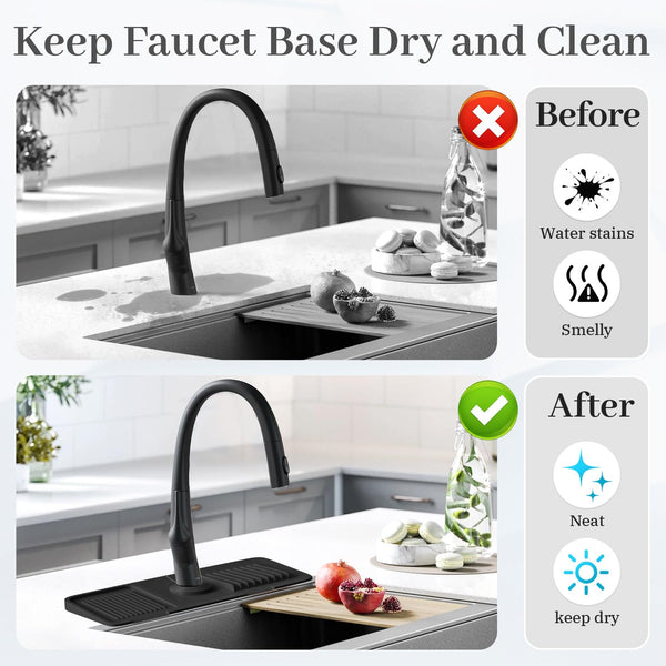 PoYang 14.6 inch Silicone Draining Mat for Kitchen Sink Splash Guard Behind Faucet, Splash Guard for Kitchen Sink Area Short Faucet Draining Mat, Sink Protector for Kitchen Sink Splatter Screen, Black