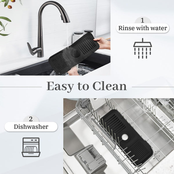 PoYang 14.6 inch Silicone Draining Mat for Kitchen Sink Splash Guard Behind Faucet, Splash Guard for Kitchen Sink Area Short Faucet Draining Mat, Sink Protector for Kitchen Sink Splatter Screen, Black