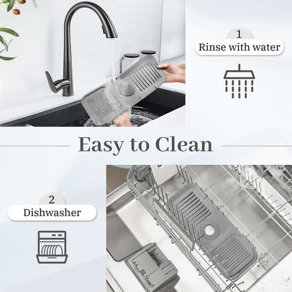 PoYang 14.6 inch Silicone Draining Mat for Kitchen Sink Splash Guard Behind Faucet, Splash Guard for Kitchen Sink Area, Short Faucet Draining Mat, Sink Protector for Kitchen Sink Splatter Screen, Grey