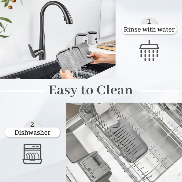 PoYang 17.7 inch Silicone Draining Mat for Kitchen Sink Splash Guard Behind Faucet, Splash Guard for Kitchen Sink Area, Short Faucet Draining Mat, Sink Protector for Kitchen Sink Splatter Screen, Grey