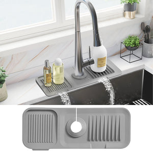 PoYang 14.6 inch Silicone Draining Mat for Kitchen Sink Splash Guard Behind Faucet, Splash Guard for Kitchen Sink Area, Short Faucet Draining Mat, Sink Protector for Kitchen Sink Splatter Screen, Grey