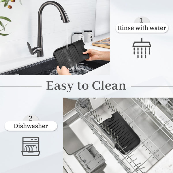 PoYang 17.7 inch Silicone Draining Mat for Kitchen Sink Splash Guard Behind Faucet, Splash Guard for Kitchen Sink Area Short Faucet Draining Mat, Sink Protector for Kitchen Sink Splatter Screen, Black