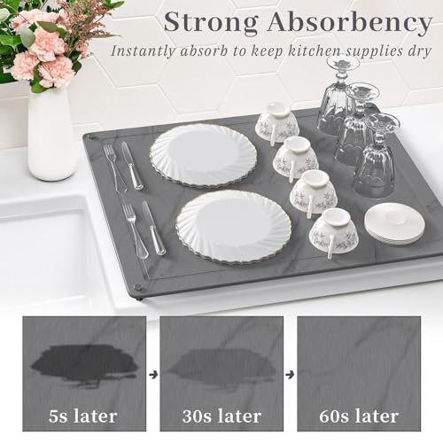 PoYang Stone Dish Drying Mat for Kitchen Counter 20" x 16", Diatomaceous Earth Stone Drying Mat Kitchen Fast Drying Mat with 4 Non-slip Legs for Counter Protecting, Eco-Friendly Stone Mat, Grey