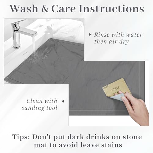 PoYang Stone Dish Drying Mat for Kitchen Counter 20" x 16", Diatomaceous Earth Stone Drying Mat Kitchen Fast Drying Mat with 4 Non-slip Legs for Counter Protecting, Eco-Friendly Stone Mat, Grey