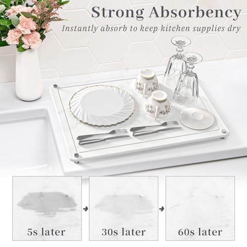 PoYang Stone Drying Mat for Kitchen Counter, Diatomite Dish Drying Mat Super Absorbent, Stylish White Marble Stone Mat with 4 Non-slip Legs for Counter Protecting, Stone Dish Drying Mat 15.7"x11.8"