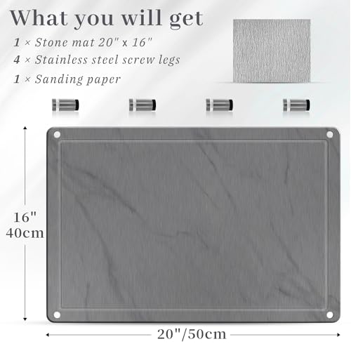 PoYang Stone Dish Drying Mat for Kitchen Counter 20" x 16", Diatomaceous Earth Stone Drying Mat Kitchen Fast Drying Mat with 4 Non-slip Legs for Counter Protecting, Eco-Friendly Stone Mat, Grey