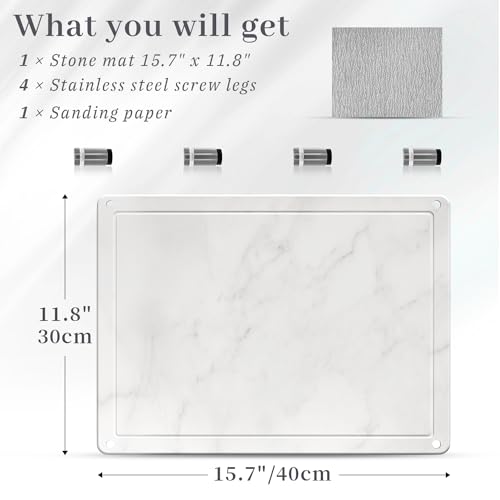 PoYang Stone Drying Mat for Kitchen Counter, Diatomite Dish Drying Mat Super Absorbent, Stylish White Marble Stone Mat with 4 Non-slip Legs for Counter Protecting, Stone Dish Drying Mat 15.7"x11.8"